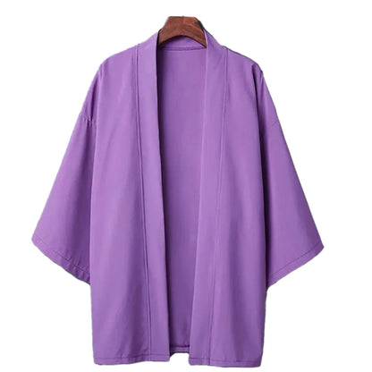 Camisas Kimono Japonesas Masculinas Casuais com Costura Aberta, Yukata Leve e Moderna, Cardigã Preto com Mangas 3/4, Ideal para Férias de Verão