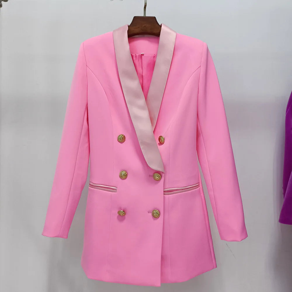 Blazer feminino de alta qualidade, modelo 2026, com botões de leão, abotoamento duplo, gola xale em cetim e modelagem longa.