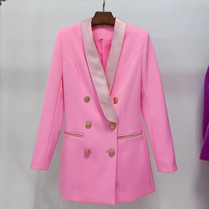 Blazer feminino de alta qualidade, modelo 2026, com botões de leão, abotoamento duplo, gola xale em cetim e modelagem longa.