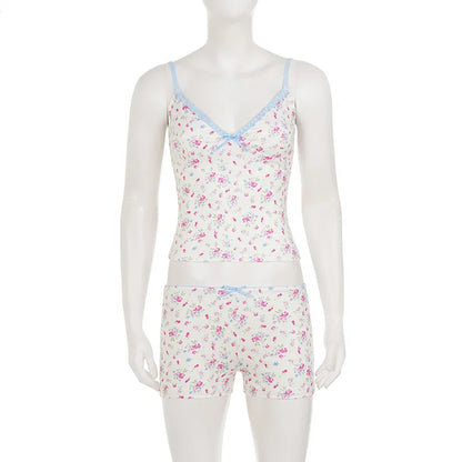 Conjunto feminino oniflyme com estampa floral, decote em v, verão, sexy, sem mangas, costas nuas, shorts, conjunto de 2 peças, casual, roupa de casa