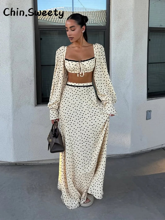 Conjunto Feminino de Saia Longa com Poás, Top Cropped de Renda com Decote Quadrado e Manga Bufante, Saias Godê de Cintura Alta - Terno Feminino de Verão 2026