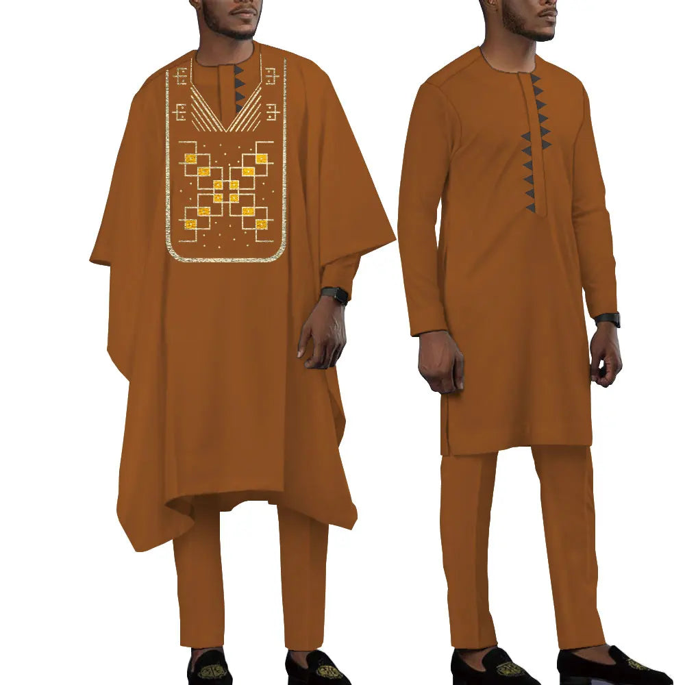 Terno bordado de manga comprida africano masculino, calças e blusões casuais empresariais Dashiki, conjunto de 3 peças, WYN1643