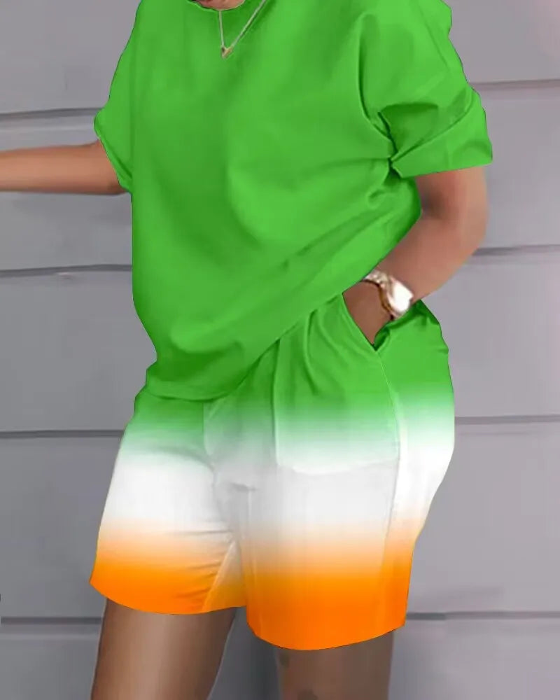 Conjunto de 2 peças de manga curta para mulheres, roupa casual, terno de bolso com estampa gradiente, camiseta feminina e shorts, verão, 2022