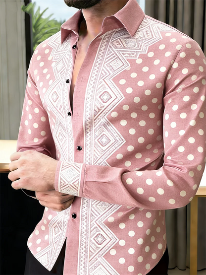 Nova camisa masculina de manga comprida com 11 cores, estampa 3D dourada, padrão de bolinhas moderno, estilo luxuoso.