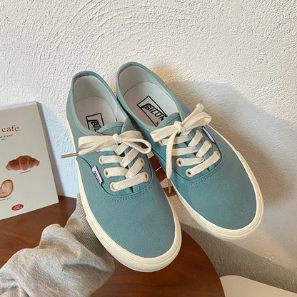 Casual apartamentos tênis de lona feminino ao ar livre cor sólida rasa sapatos esportivos tênis feminino streetwear rendas até sapatos vulcanizados