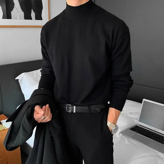 Outono levante-se colarinho camisola masculina fino quente preto malha pulôver masculino coreano casual manga comprida camisola dos homens jumper roupas
