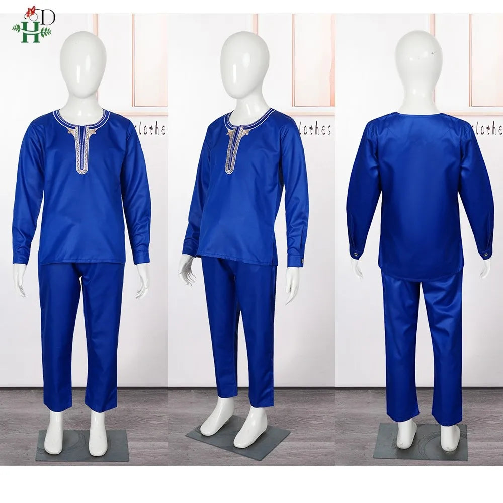 H & d africano crianças roupas tradicionais ancara dashiki para 2-10 anos meninos 3 pçs bordado thobe moda bazin azul kaftan 2025