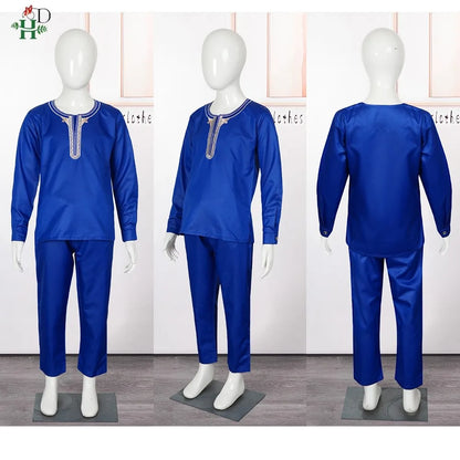 H & d africano crianças roupas tradicionais ancara dashiki para 2-10 anos meninos 3 pçs bordado thobe moda bazin azul kaftan 2025