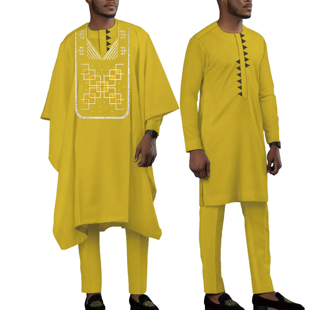 Terno bordado de manga comprida africano masculino, calças e blusões casuais empresariais Dashiki, conjunto de 3 peças, WYN1643