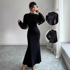 Vestido Longo Sereia Feminino 2026 Elegante com Gola Alta, Manga Longa em Tule, Cintura Marcada e Renda Sexy para Casamento