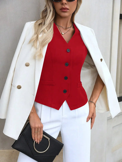 Colete Blazer Feminino Decote V Sem Mangas - Colete Formal de Botão Único com Bolsos para Escritório e Looks Casuais