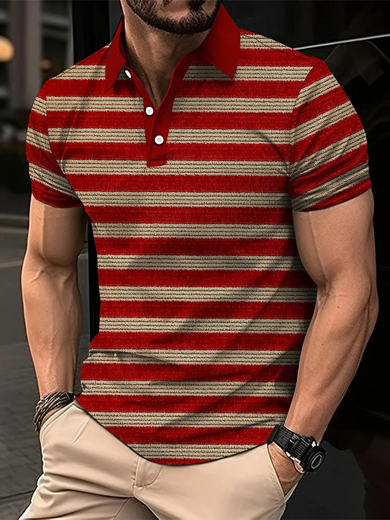 2026 Summer Men's Polo Shirt with Stripes Print Breathable Lightweight Casual Fashionable Outdoor Men's Clothing
