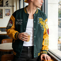 Jaqueta Vintage Masculina Estilo Varsity Racing Letterman Casaco de Beisebol Streetwear com Mangas de Couro Sintético