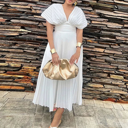 Libeliy sexy com decote em v mangas curtas vestido de cor sólida elegante temperamento verão vestido longo moda feminina plissado altura cintura ma