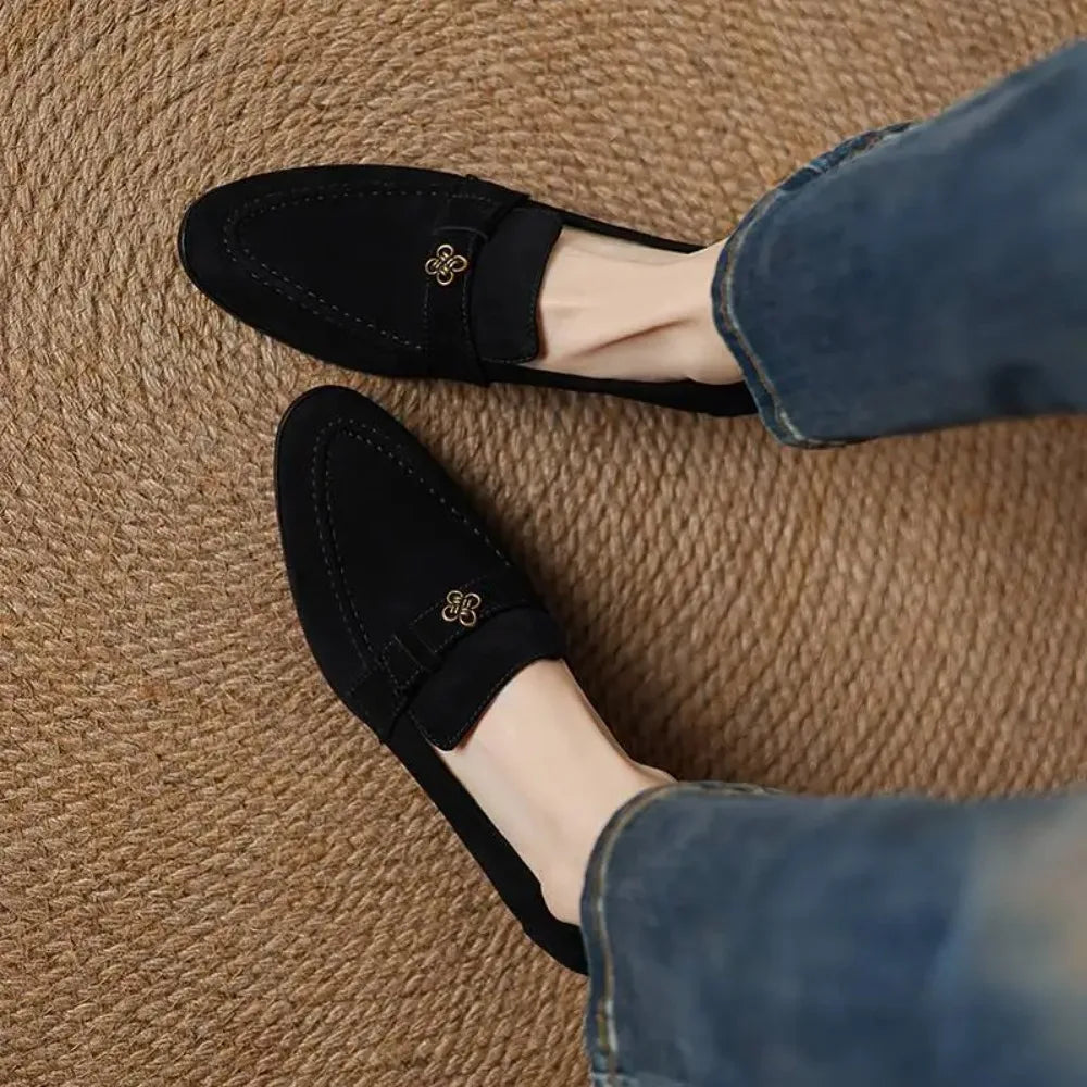 Sapatos Femininos Elegantes de Camurça de Carneiro para Primavera, com Salto Grosso, Estilo Oxford, Slip-On, Casual de Negócios, com Flores Metálicas, Loafers e Scarpins