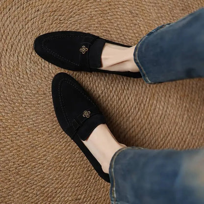 Sapatos Femininos Elegantes de Camurça de Carneiro para Primavera, com Salto Grosso, Estilo Oxford, Slip-On, Casual de Negócios, com Flores Metálicas, Loafers e Scarpins