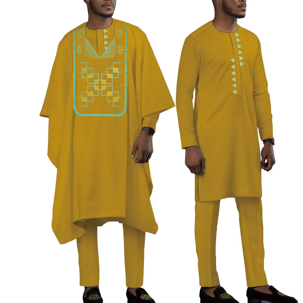 Terno bordado de manga comprida africano masculino, calças e blusões casuais empresariais Dashiki, conjunto de 3 peças, WYN1643