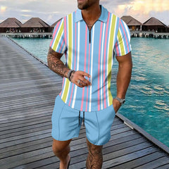 Conjunto de Verão Masculino com Listras, Camiseta de Manga Curta e Calças Curtas em Dois Peças