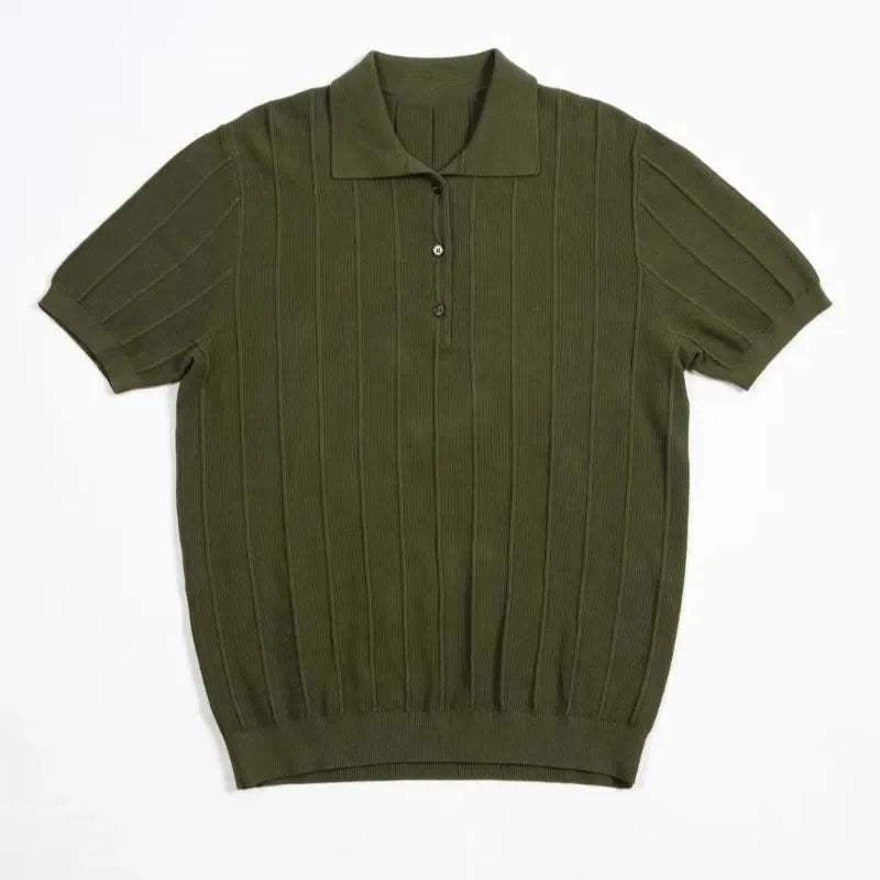 Camisa Polo Masculina de Verão 2026 em Seda Gelada, Manga Curta, Listrada, Lisa, de Malha, com Gola e Botões, Estilo Casual de Negócios