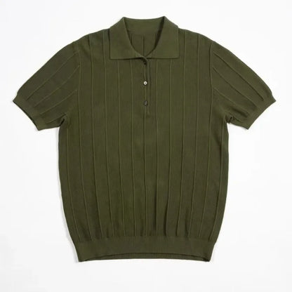 Camisa Polo Masculina de Verão 2026 em Seda Gelada, Manga Curta, Listrada, Lisa, de Malha, com Gola e Botões, Estilo Casual de Negócios