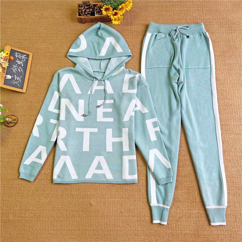 Feminino casual impresso terno de manga comprida gola alta cintura cinched moletom elástico calças senhoras conjunto de duas peças lx1228