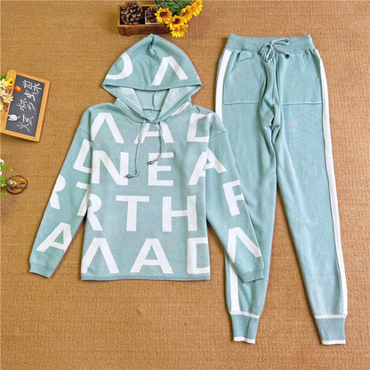Feminino casual impresso terno de manga comprida gola alta cintura cinched moletom elástico calças senhoras conjunto de duas peças lx1228