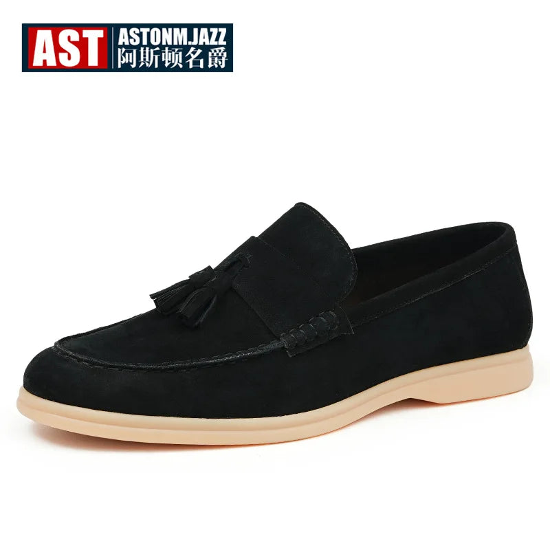 Mocassins Masculinos com Detalhe de Franjas em Couro Legítimo, Sapatos Formais de Negócios com Bico Redondo e Sola Baixa de Borracha, Respirável para o Verão