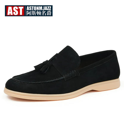 Mocassins Masculinos com Detalhe de Franjas em Couro Legítimo, Sapatos Formais de Negócios com Bico Redondo e Sola Baixa de Borracha, Respirável para o Verão