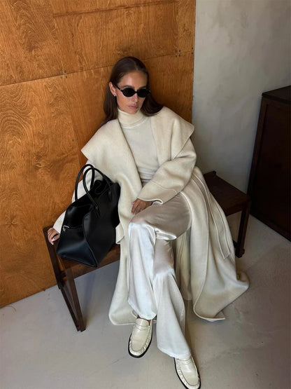 Casaco de Lã Elegante com Gola Marinho e Amarração, Decote em V, Manga Longa, Bolso, Sobretudo Feminino para Primavera 2026
