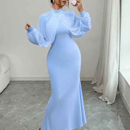 Vestido Formal Elegante de Manga Longa Estilo Sereia com Contas e Saia de Veludo Brilhante para Mulheres, Estilo Chic e Elegante
