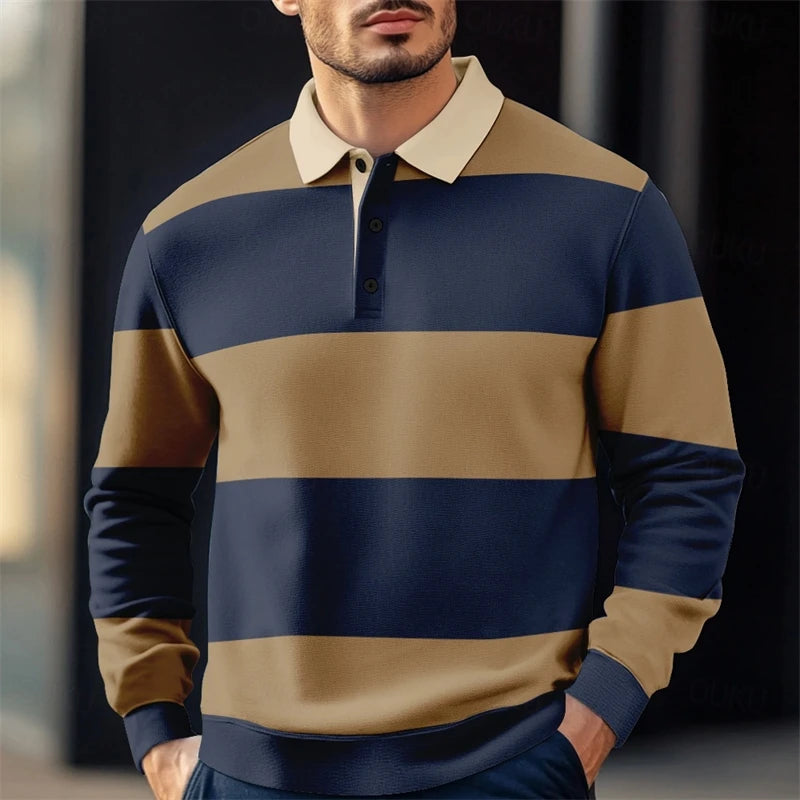 Casual Striped Graphic Polo Shirts For Men Simple Autumn Business 3D Printed Long Sleeve Golf Polo Loose Breathable Lapel Tees