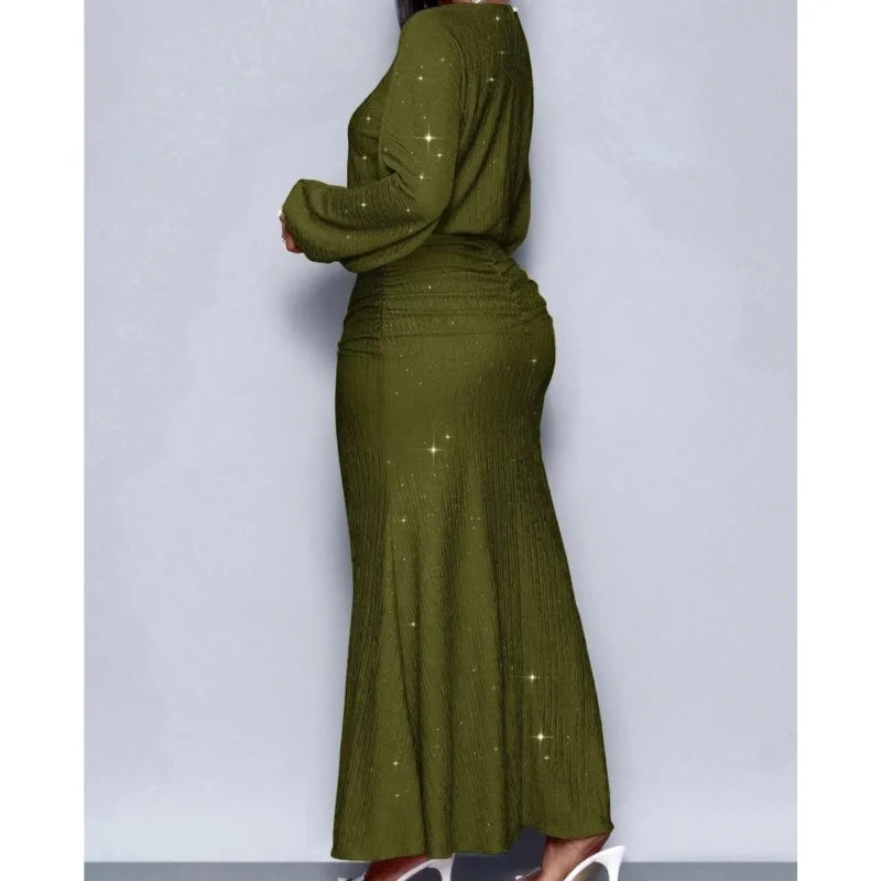 Novo Vestido Feminino da Moda com Miçangas, Manga Longa, Saia Sereia Plissada, Elegante e Justo para Festas de Outono