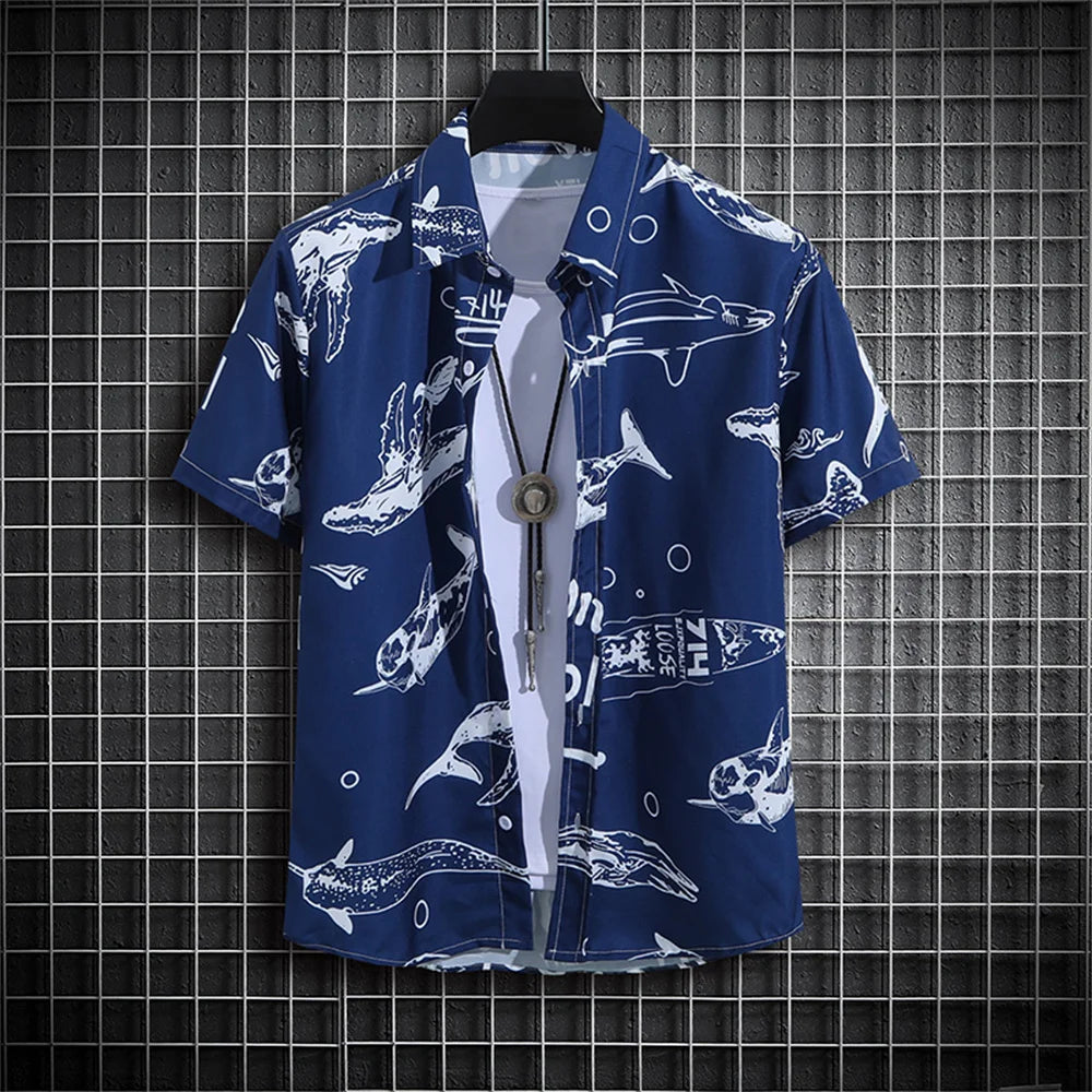 Camisa Havaiana Masculina com Estampa 3D Listrada, Casual, Manga Curta, para Festa na Praia, Caimento Solto, com Design Floral