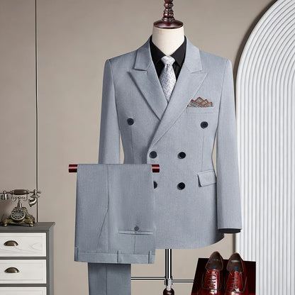 Terno Casual Masculino de Três Peças com Abotoamento Duplo para Festas e Casamentos, Traje Coreano de Cor Sólida Leve e Elegante