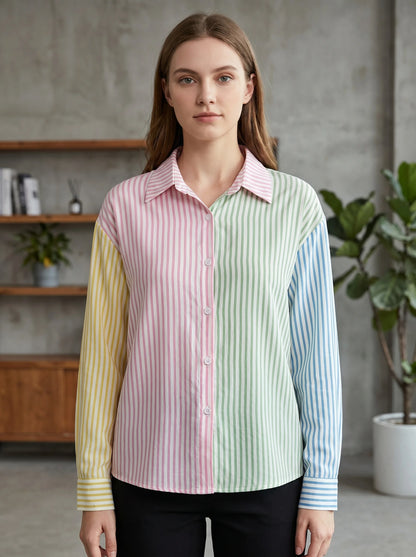 Camisa feminina Gadinus com listras coloridas e manga comprida, blusa casual com botões, ajuste padrão