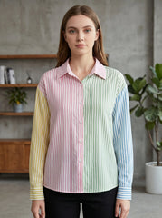 Camisa feminina Gadinus com listras coloridas e manga comprida, blusa casual com botões, ajuste padrão