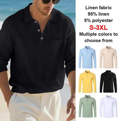 Camisa Masculina Casual de Linho e Algodão Leve com Lapela, Solta, Cor Sólida, Moda Primavera Outono, com Detalhe Decorativo na Gola
