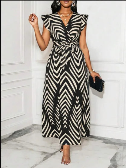 Vestido Longo Elegante Estampado com Decote em V e Cinto na Cintura, Listras, Estilo Casual Verão 2025, Moda Feminina, Peça Única para Passeio na Cidade