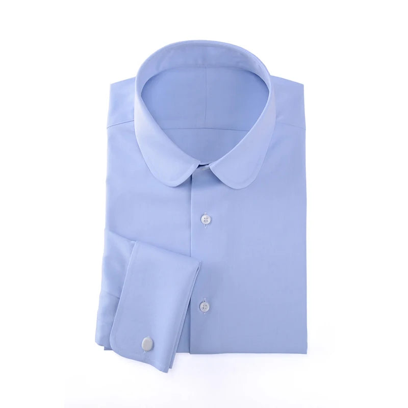 Camisa masculina clássica com gola Eton, gola arredondada, manga comprida, 100% algodão, punho regular, branca, personalizada para homens.