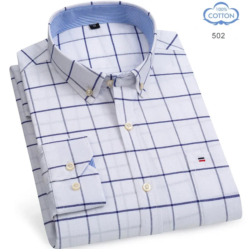 2025 camisa social masculina puro algodão oxford marca de luxo fino macio abotoado xadrez formal trabalho roupas ocidentais