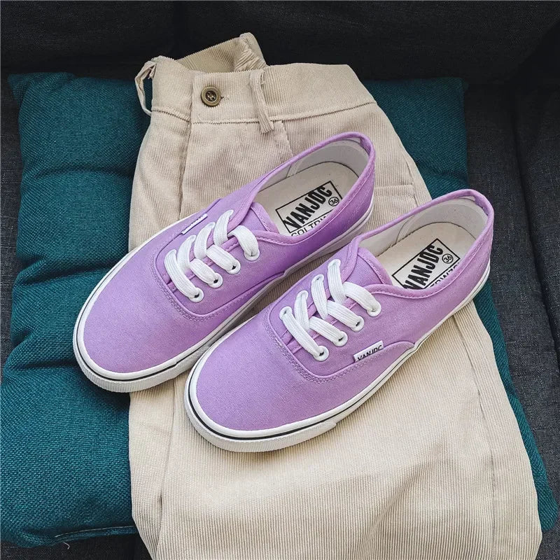 Casual apartamentos tênis de lona feminino ao ar livre cor sólida rasa sapatos esportivos tênis feminino streetwear rendas até sapatos vulcanizados