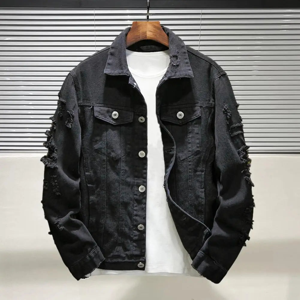Rasgado buraco jean jaquetas masculinas outerwear casacos jeans quentes gola aberta botões soltos jaquetas jeans cor sólida casaco jeans
