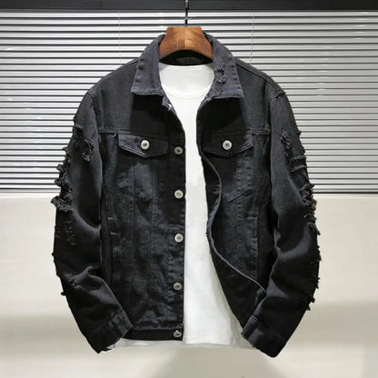 Rasgado buraco jean jaquetas masculinas outerwear casacos jeans quentes gola aberta botões soltos jaquetas jeans cor sólida casaco jeans