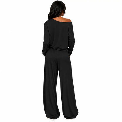 Conjunto Feminino de 2 Peças: Blusa Ombro a Ombro de Manga Longa Solta e Calça Pantalona com Cordão e Bolsos – Macio e Casual