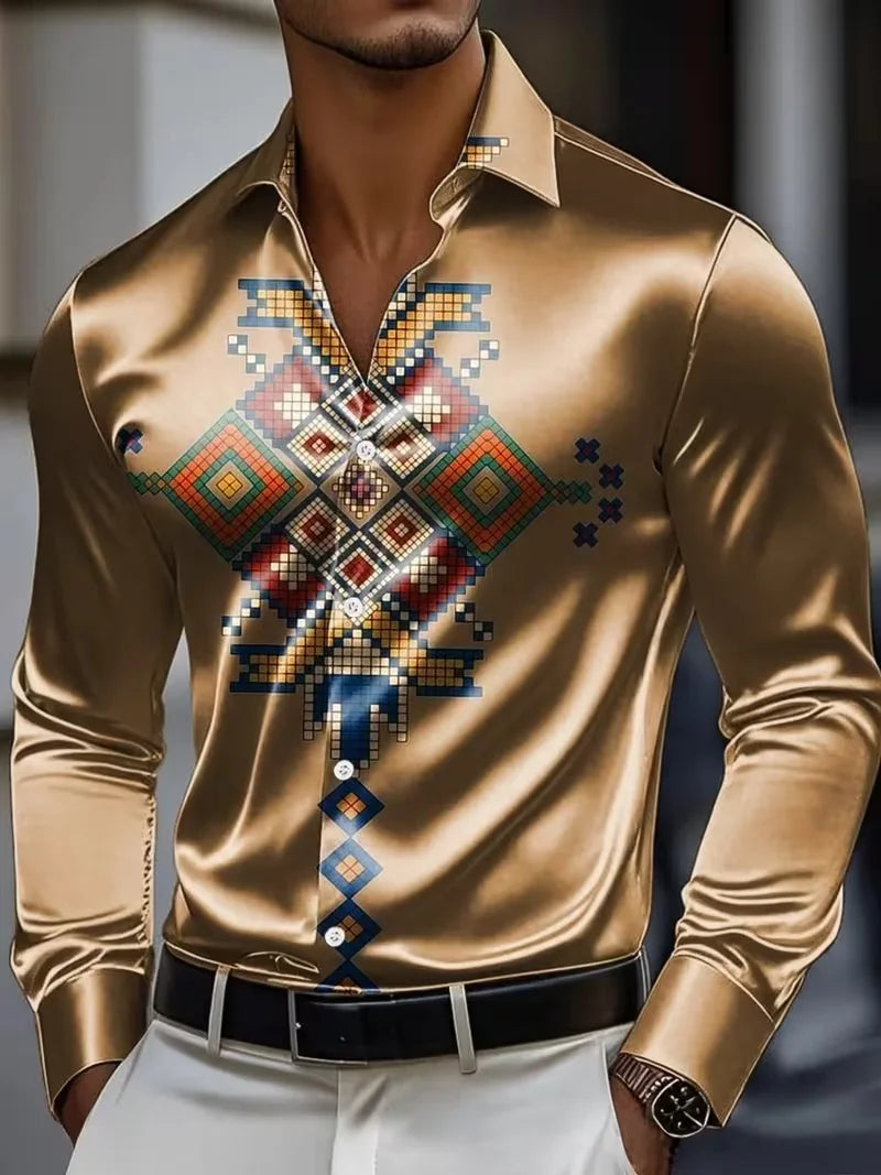 Nova camisa masculina de manga comprida com estampa geométrica dourada e detalhes em diamante, com caimento suave e lapela de cetim.
