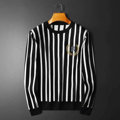 Suéter listrado de cor contrastante masculino, pulôver de manga comprida, estampa fina, camisa social, roupas de streetwear, outono