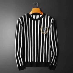 Suéter listrado de cor contrastante masculino, pulôver de manga comprida, estampa fina, camisa social, roupas de streetwear, outono
