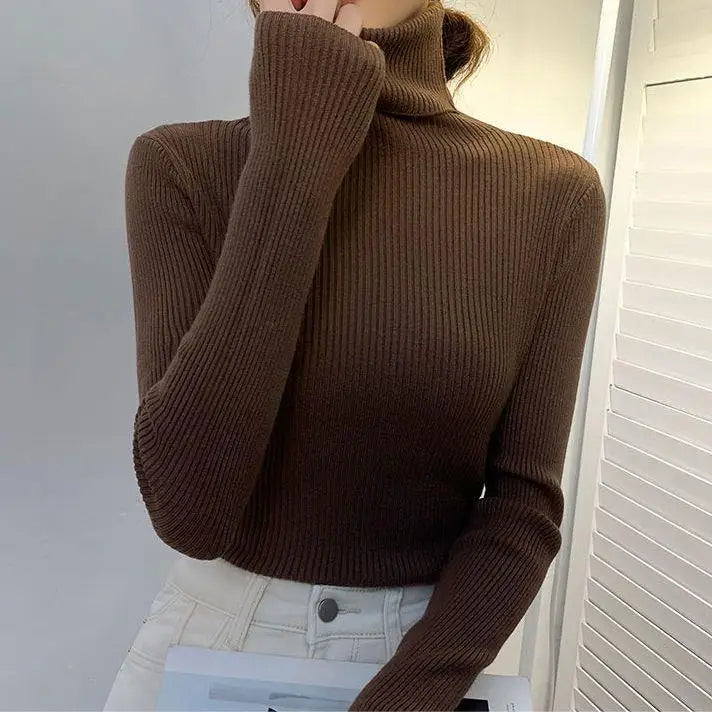 Suéter de Tricô Feminino Plus Size de Gola Alta e Manga Longa, Camiseta de Base para Outono Inverno, Novo Estilo, Confortável, Macio, Cor Pura