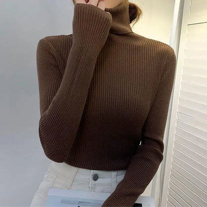 Suéter de Tricô Feminino Plus Size de Gola Alta e Manga Longa, Camiseta de Base para Outono Inverno, Novo Estilo, Confortável, Macio, Cor Pura