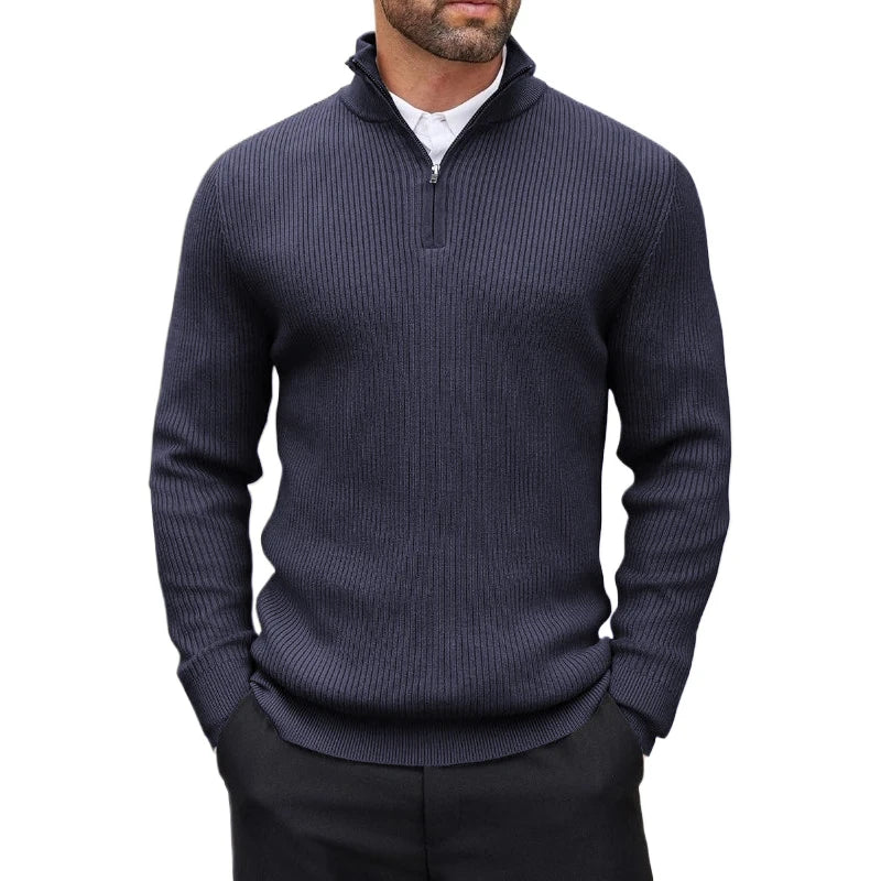 Suéter masculino com zíper quarto, gola simulada, casual, malha canelada, pulôver, outono, leve, polo, inverno, quente, roupa externa